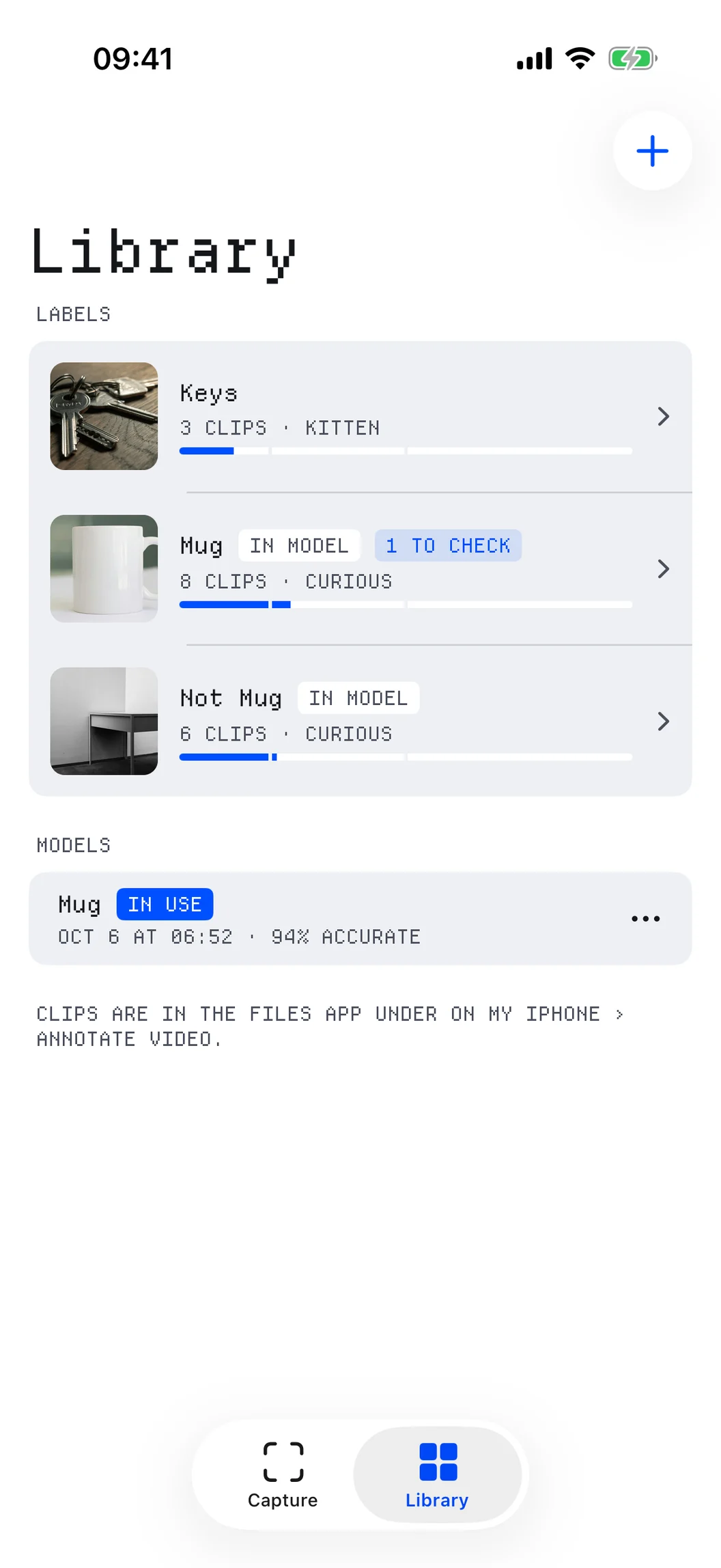 Annotate Video's Library: one folder per label, Mug, Not Mug and Keys, each with its clip count and level