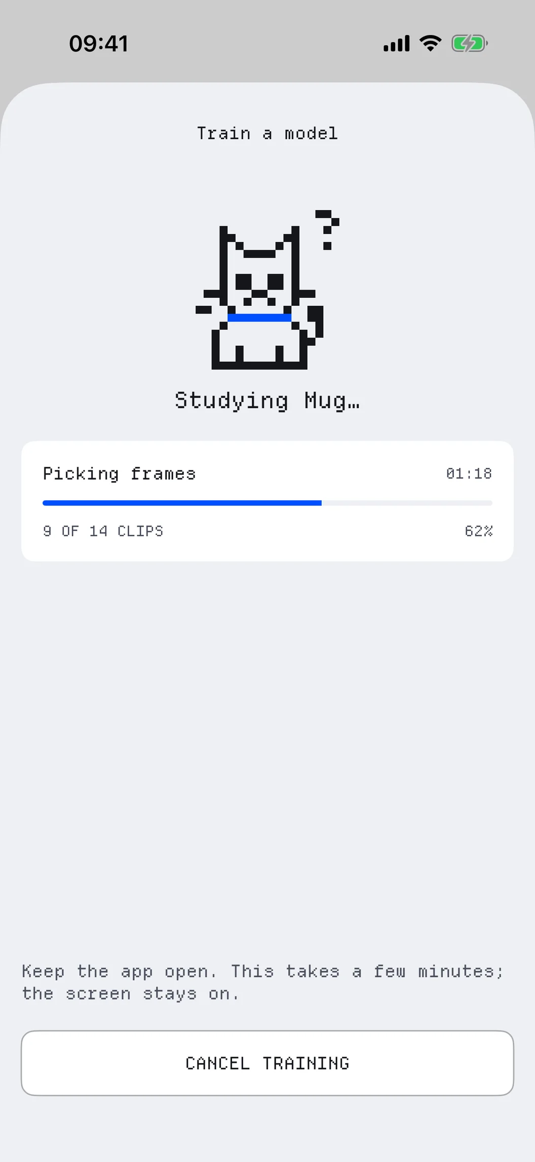 Annotate Video training a new image classifier on the iPhone, with its progress and the pixel cat